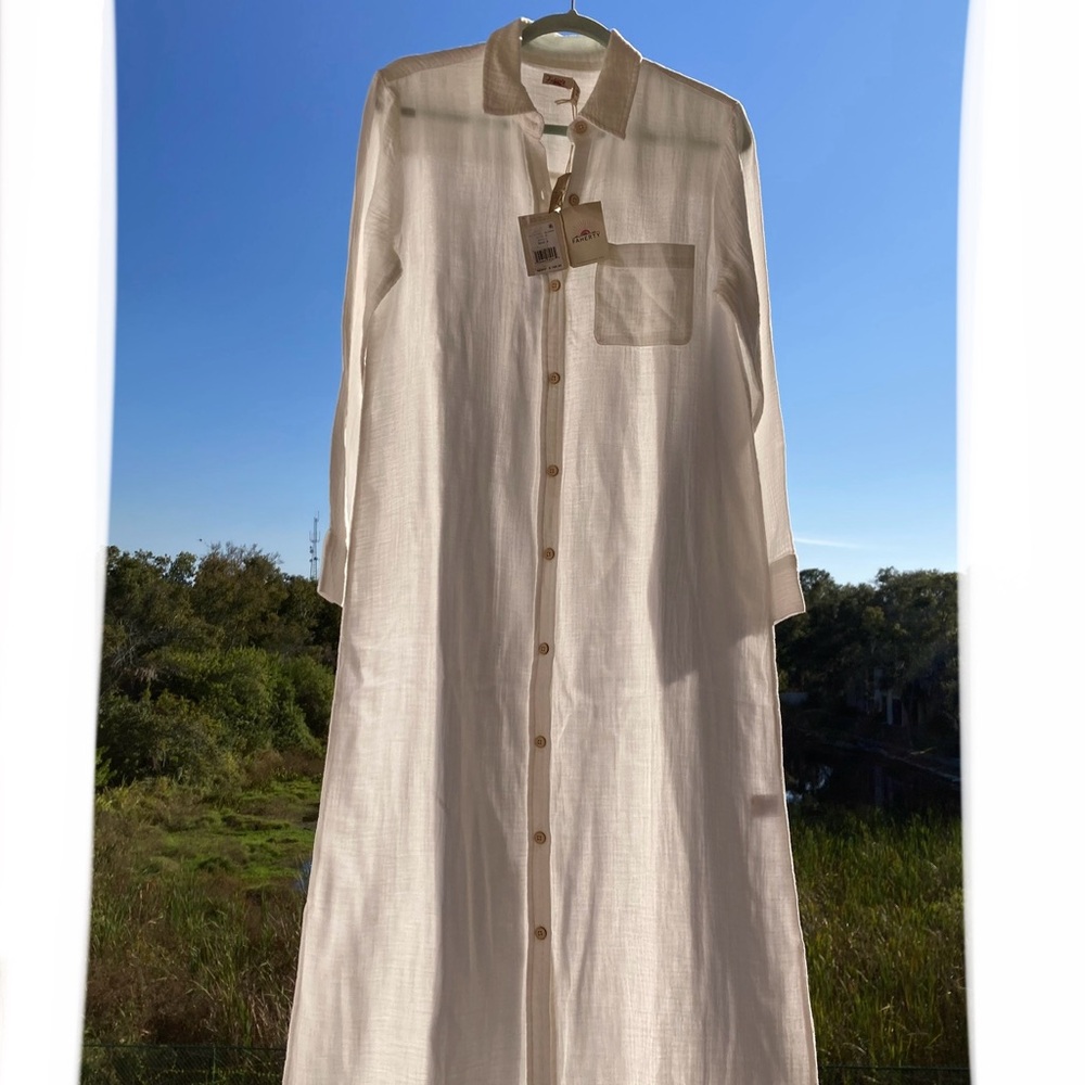 NWT FAHERTY  ORGANIC Cotton Gauze Maxi Shirtdress WHITE/ Retro/ Vintage /SIZE: S